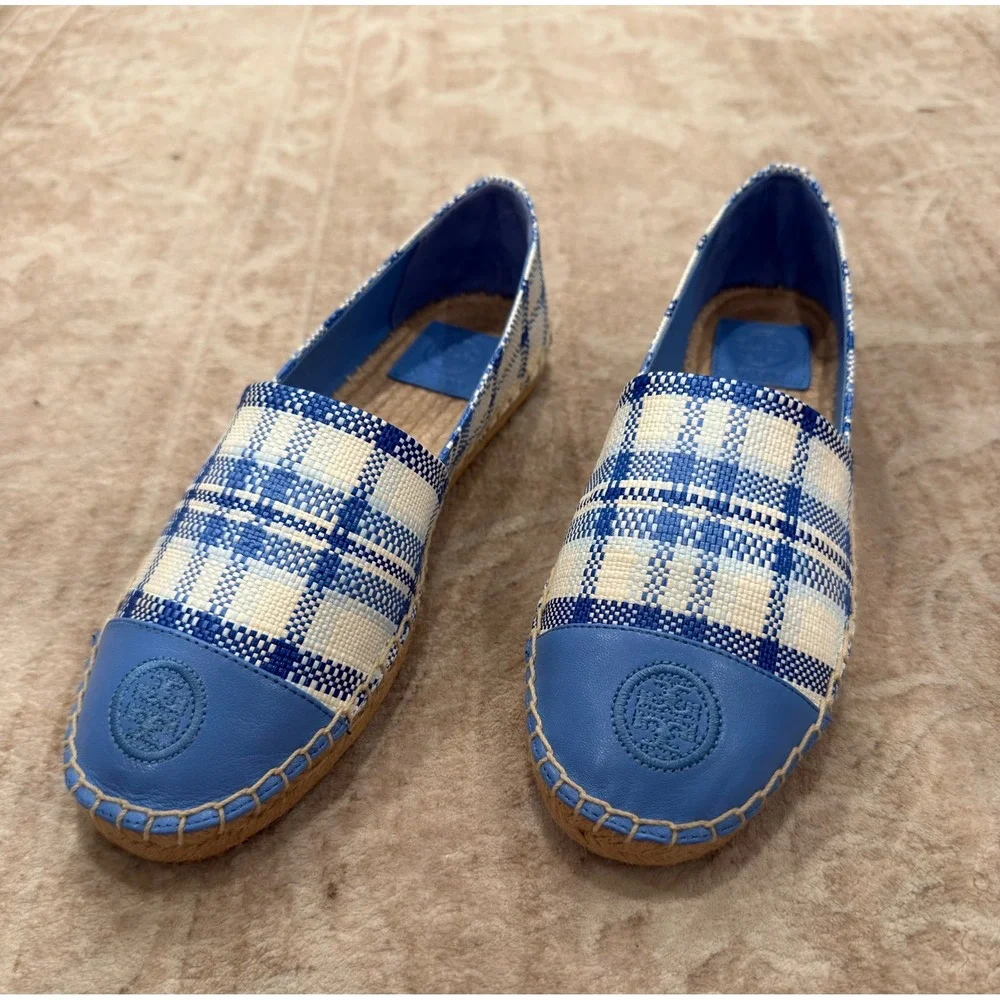 NWT Tory Burch Color Block Flat Espadrille Blue Check Plaid Chambray 7.5